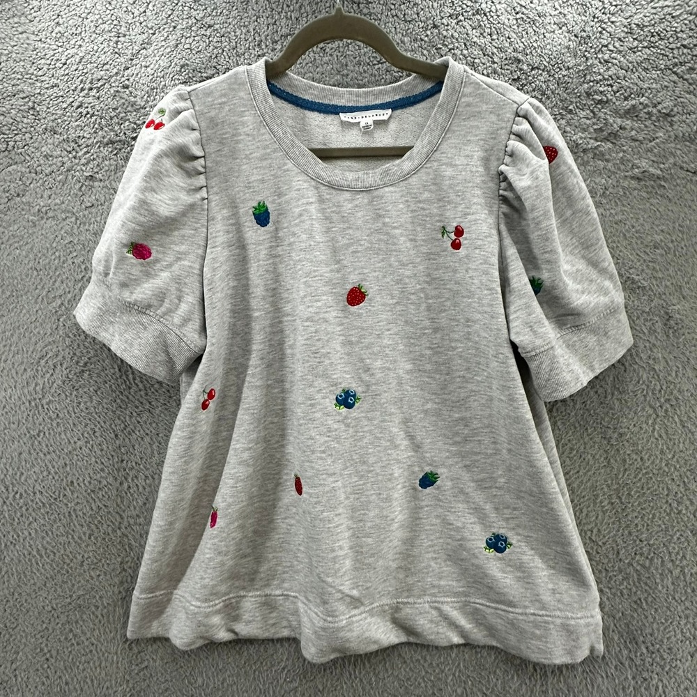 Jane + Delancey Gray Embroidered Fruit Puff Sleeve Sweatshirt Womens 1X Top